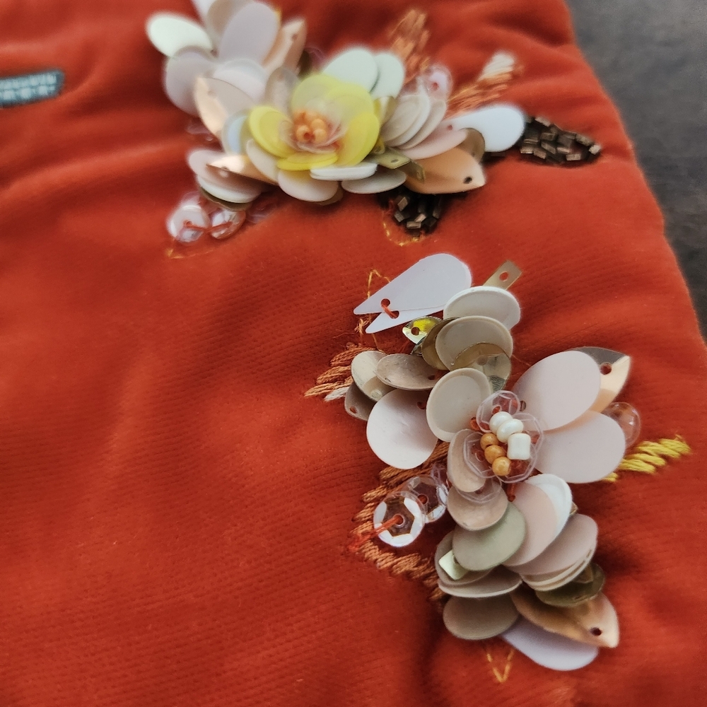 Anthropologie Coral Floral Embellished Cosmetic Pouch View 3